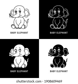Ilustración del vector de caracteres de dibujos animados de elefantes. Logo de la mascota del Safari Mundo de la Selva. Línea de iconos de símbolo de elefante divertida y estilo glifo
