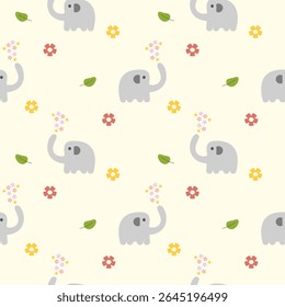 Caricatura de elefante tão fofa. Em fundo de folha de flor. Ilustração de vetor uniforme de padrão. 