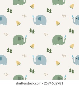 Elephant cartoon so cute. On tree watermelon background. Pattern seamless vector illustration. 