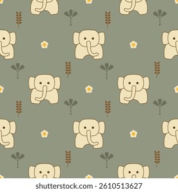 Elephant cartoon so cute. On tree flower green background. Pattern seamless vector illustration. 