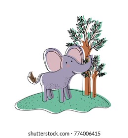 elephant cartoon in forest next to the trees in watercolor silhouette