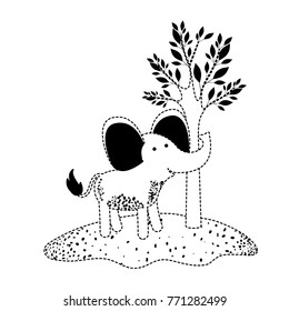 elephant cartoon next to the tree in black dotted silhouette