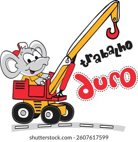 Elephant Cartoon Operating a Construction Crane - Hard Work