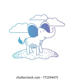 elephant cartoon in outdoor scene with clouds in degraded blue to purple color silhouette