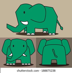 elephant cartoon pattern with side view, front view & back view