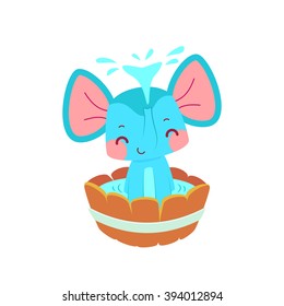 Elephant cartoon taking bath. Cute vector flat elephant spraying water isolated on white. Baby bath. 