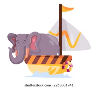 Elephant cartoon with trunk animal journey in ship sail boat colorful character sea adventure marine travel
