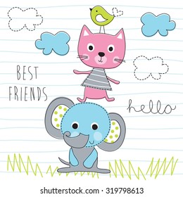 elephant, cat, bird best friends vector illustration