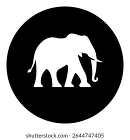 Um elefante no centro. Símbolo branco isolado em círculo preto. Ilustração vetorial sobre fundo branco