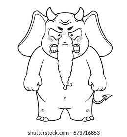 Elephant. Character. Angry red with horns. Devil. Big collection of isolated elephants. Vector, cartoon