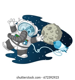 Elephant. Character. Astronaut in space, weightless. Big collection of isolated elephants. Vector, cartoon.