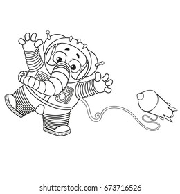 Elephant. Character. Astronaut in space, weightless. Big collection of isolated elephants. Vector, cartoon.