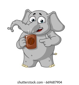 Elephant. Character. Coffee break. Offers a cup of coffee. Big collection of isolated elephants. Vector, cartoon