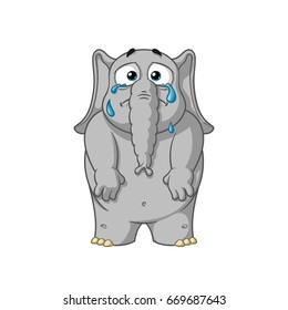 Elephant. Character. Cries, throwing tears, lowers his hands. Big collection of isolated elephants. Vector, cartoon