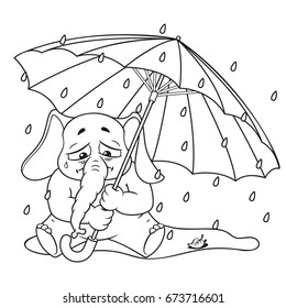 Elephant. Character. Crying under an umbrella, autumn, rain. Big collection of isolated elephants. Vector, cartoon.