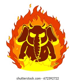 Elephant. Character. The evil red horns, fire. Devil. Big collection of isolated elephants. Vector, cartoon.