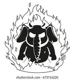 Elephant. Character. The evil red horns, fire. Devil. Big collection of isolated elephants. Vector, cartoon.