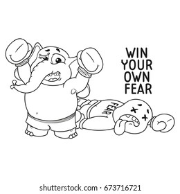 Elephant. Character. He conquered his fear. Boxer. Big collection of isolated elephants. Vector, cartoon.