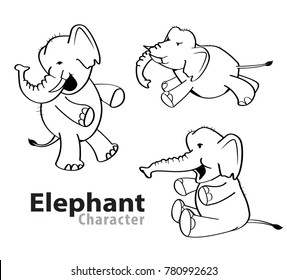 Elephant character llustration cartoon, vector black and white