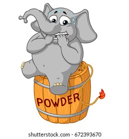 Elephant. Character. Nervous, sitting on a powder keg. Lit the wick. Big collection of isolated elephants. Vector, cartoon.