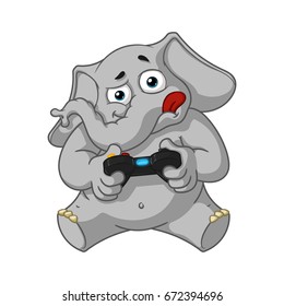 Elephant. Character. Playing video games, joystick, gamepad. Big collection of isolated elephants. Vector, cartoon.