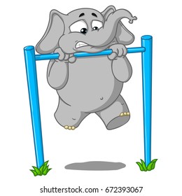 Elephant. Character. Pullups on the bar. It's hard for him. Big collection of isolated elephants. Vector, cartoon.