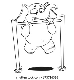 Elephant. Character. Pullups on the bar. It's hard for him. Big collection of isolated elephants. Vector, cartoon.