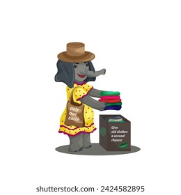The elephant character recycles old clothes. Eco-friendly lifestyle. Character design. Vector illustration in cartoon style.