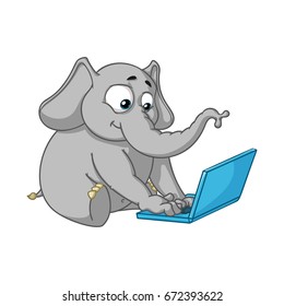 Elephant. Character. Sits at the computer. Work on the Internet. Communication in the network. Big collection of isolated elephants. Vector, cartoon.
