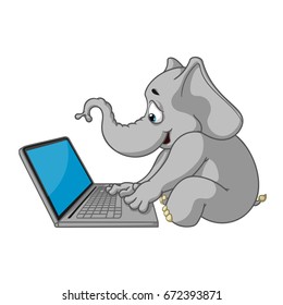 Elephant. Character. Sits at the computer. Work on the Internet. Communication in the network. Big collection of isolated elephants. Vector, cartoon.