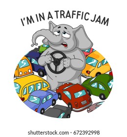 Elephant. Character. Standing in a traffic jam. Steering wheel in hands. A lot of cars. Big collection of isolated elephants. Vector, cartoon.