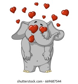 Elephant. Character. Very in love. Enamored. Many hearts. Big collection of isolated elephants. Vector, cartoon