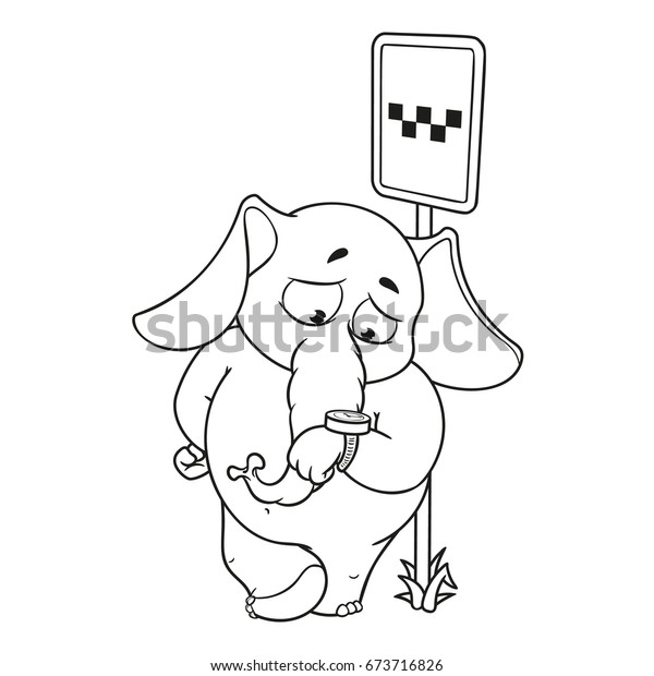 Elephant. Character. Waiting for a taxi at a stop\
looking at the clock. Big collection of isolated elephants. Vector,\
cartoon