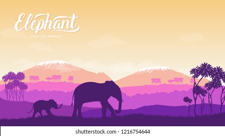 Elephant with children is in the environment illustration. Wild animal against the background of nature africa concept. Wild animal in the savannah.