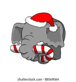 Elephant with christmas hat and candy cane (vector)