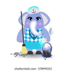 Elephant cleaning on a white background. children s illustration. is used to print, website, smart phone, design, textiles, ceramics, fabrics, prints postcards packaging etc