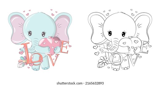 Elephant Clipart Multicolored and Black and White. Beautiful Clip Art Elephant with Balloon. Vector Illustration of an Animal for Prints for Clothes, Stickers, Baby Shower, Coloring Pages svg