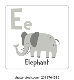 Elephant clipart. Elephant vector illustration cartoon flat style. Animals start with letter E. Animal alphabet card. Learning letter E card. Kids education. Cute elephant vector design