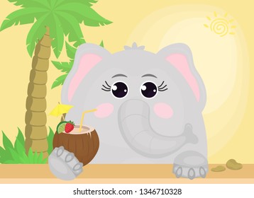 Elephant with cocktail cartoon horizontal poster . Leaflet, poster, album cover, banner, background in hand-drawn style-Vector graphics.