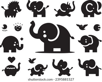 Elephant collection, Set of editable vector silhouettes icon in various poses