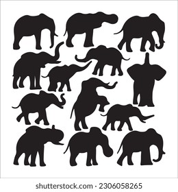 Colección de elefantes - silueta vectorial. imagen negra