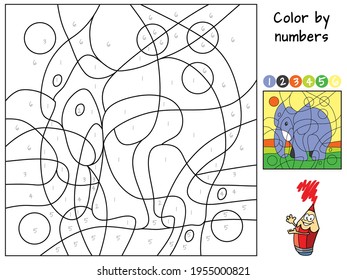 Elephant. Color by numbers. Coloring book. Educational puzzle game for children. Cartoon vector illustration