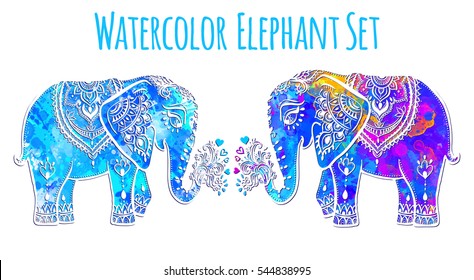 Elephant color illustration vector set. Watercolor. Print for clothing design