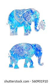 Elephant color illustration vector set. Watercolor. Print for clothing design