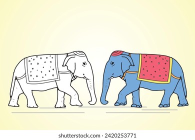 Elephant color and line drawing vector.