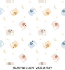 Elefante colorido cartoon tão bonito. No fundo branco da lua estrela. Ilustração de vetor uniforme de padrão. 