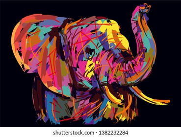 Elephant in colorful illustration stroked art  