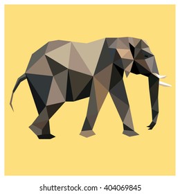 Elephant colorful low poly design isolated on yellow background with white outline. Animal card.