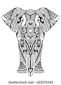 Elephant coloring book for adults vector illustration. Anti-stress coloring for adult. Zentangle style. Black and white lines. Lace pattern