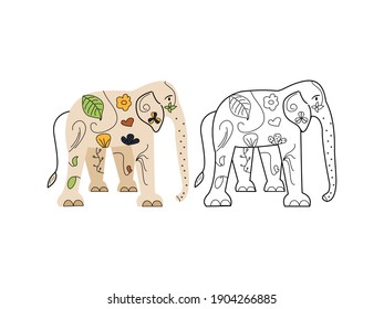 Elephant coloring book in color and black and white, creative task for children, vector illustration